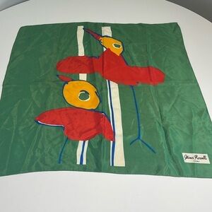 Olivia Rosselli Abstract Bird Scarf, Vintage Green Square Scarf Made in Italy.